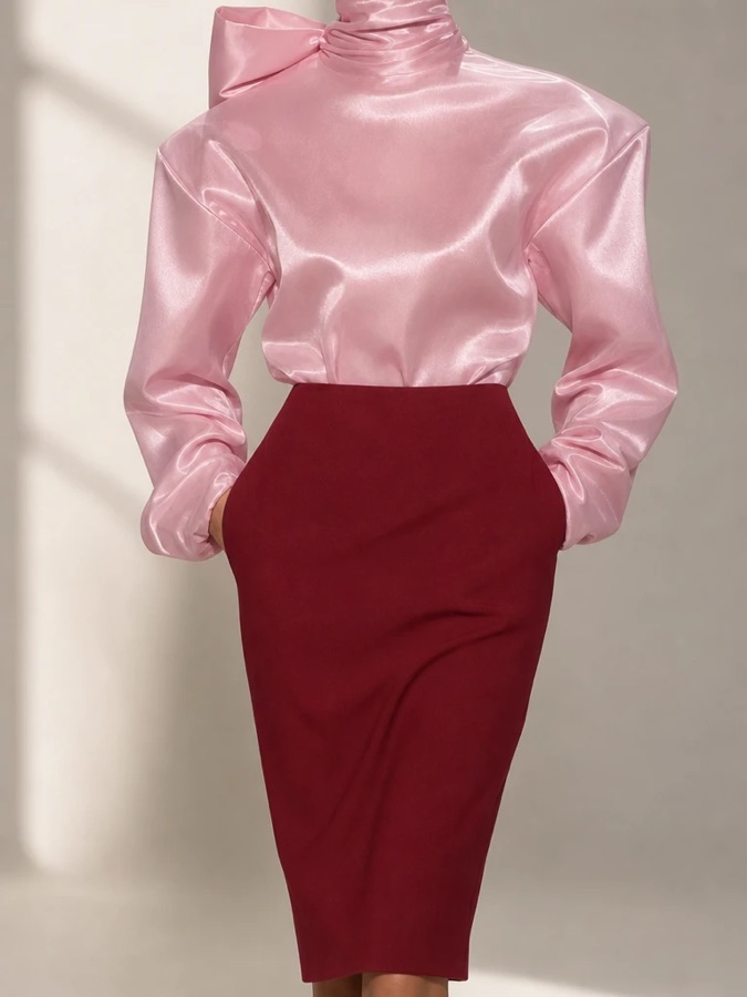 Pink satin blouse and burgundy pencil skirt made from a VD Textile Studio fabric