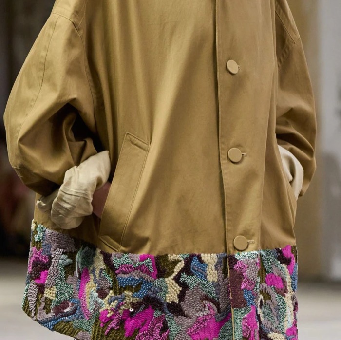 Floral jacquard trim detail on a tan coat